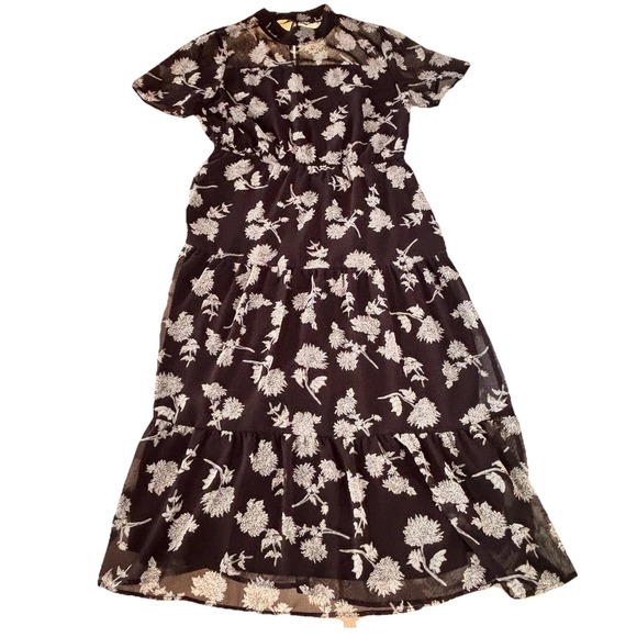 Lulus Dress Womens Medium Dark Cottage Floral Sheer Wedding Guest Romantic Midi - Picture 9 of 9